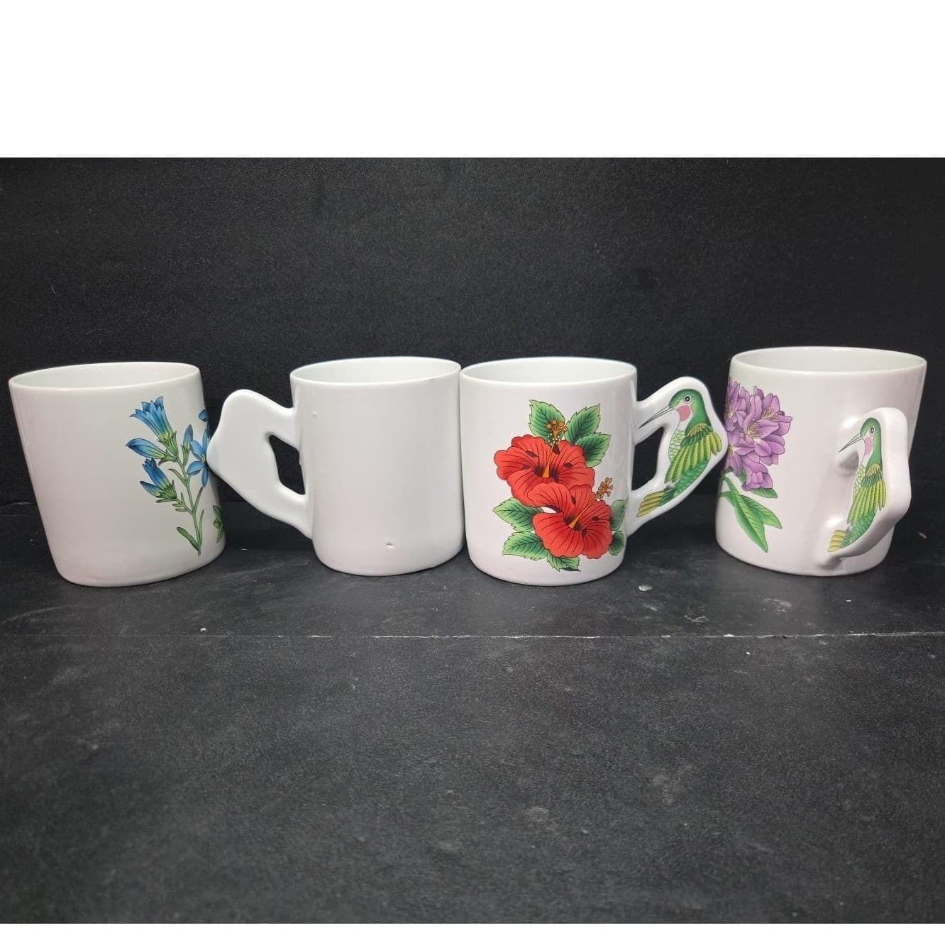 Porcelain Floral Coffee Cups With Hummingbird Handle, Set Of 4 Vintage Drinkware - Thumbnail 6
