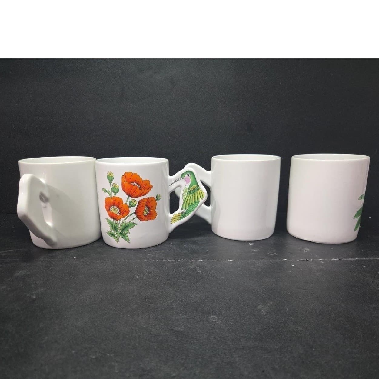 Porcelain Floral Coffee Cups With Hummingbird Handle, Set Of 4 Vintage Drinkware - Thumbnail 4