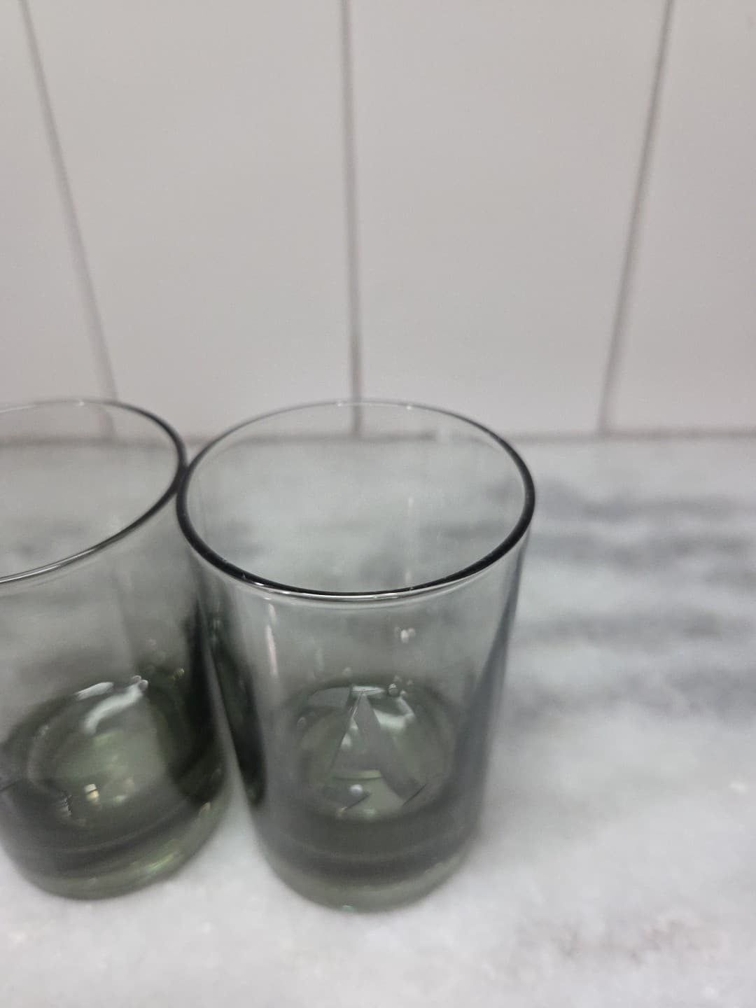 Smoky Grey Glass Juice Glasses, Small Glasses Set Of 2, Monogram "A" Glassware - Thumbnail 5