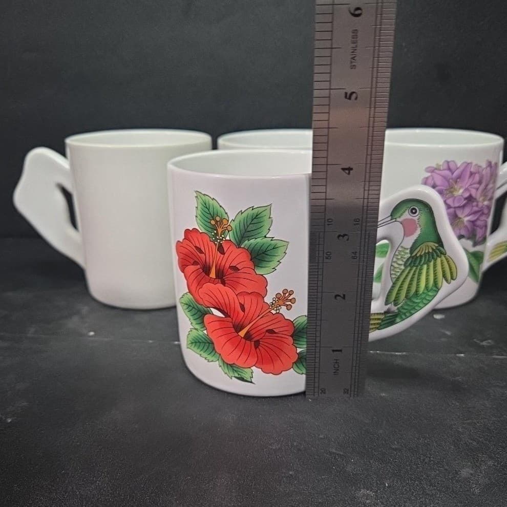 Porcelain Floral Coffee Cups With Hummingbird Handle, Set Of 4 Vintage Drinkware - Thumbnail 11