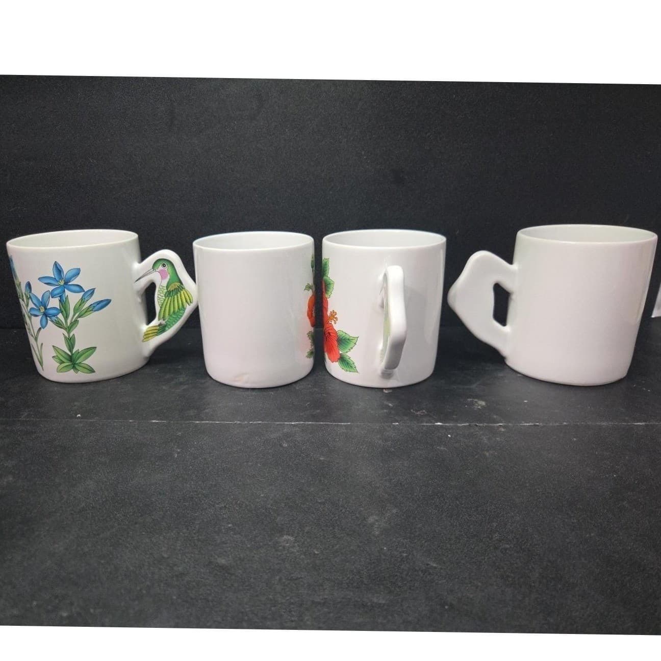 Porcelain Floral Coffee Cups With Hummingbird Handle, Set Of 4 Vintage Drinkware - Thumbnail 7
