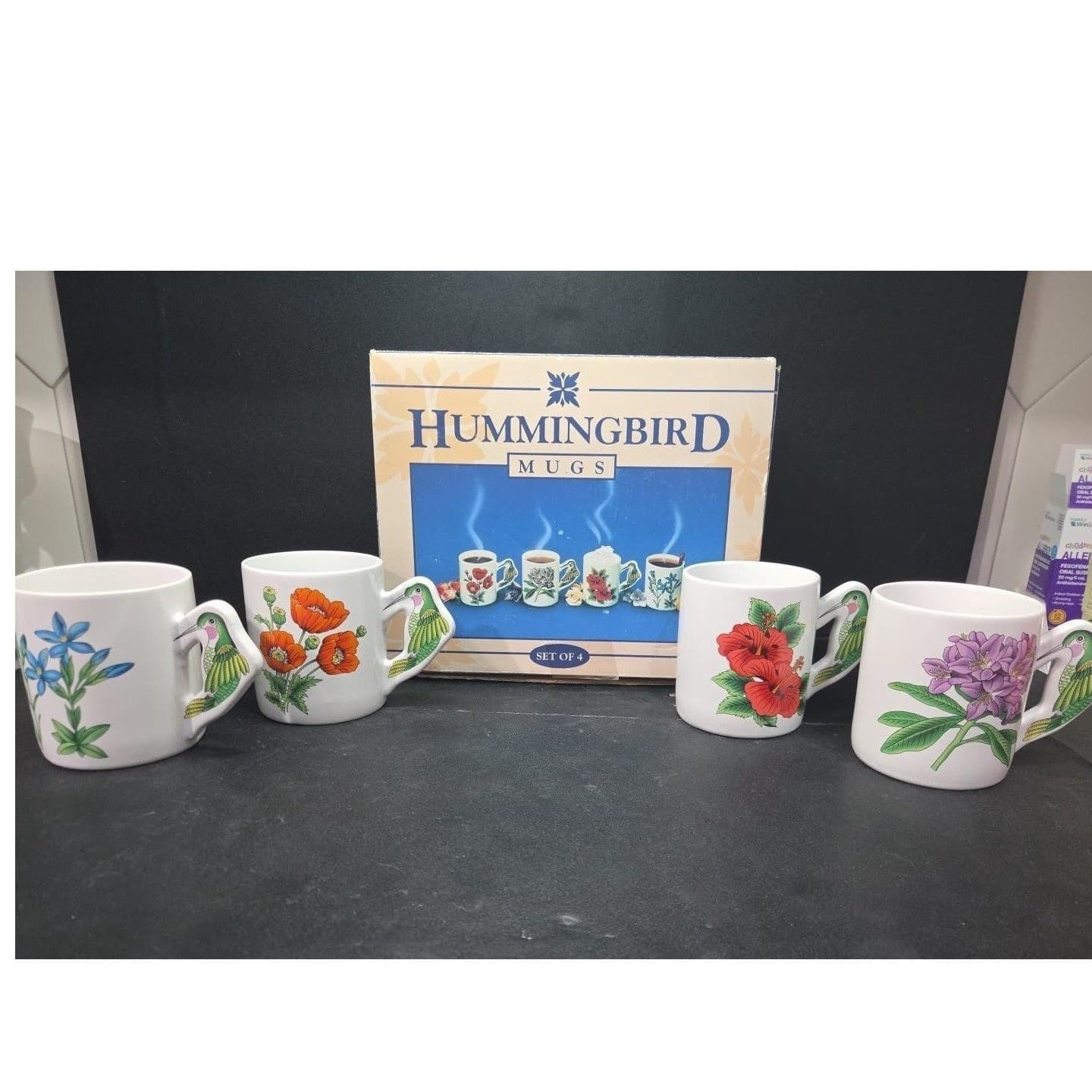 Porcelain Floral Coffee Cups With Hummingbird Handle, Set Of 4 Vintage Drinkware - Thumbnail 2