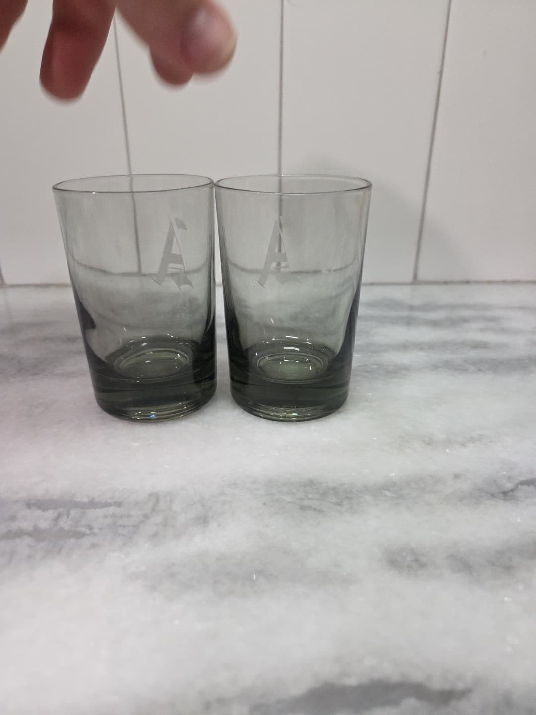 Smoky Grey Glass Juice Glasses, Small Glasses Set Of 2, Monogram "A" Glassware - Thumbnail 3