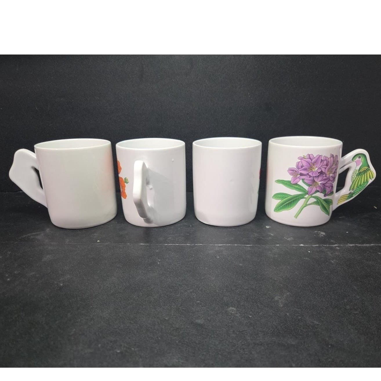 Porcelain Floral Coffee Cups With Hummingbird Handle, Set Of 4 Vintage Drinkware - Thumbnail 5