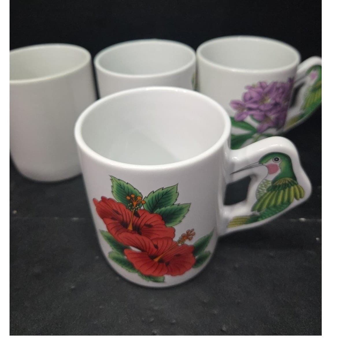 Porcelain Floral Coffee Cups With Hummingbird Handle, Set Of 4 Vintage Drinkware - Thumbnail 8
