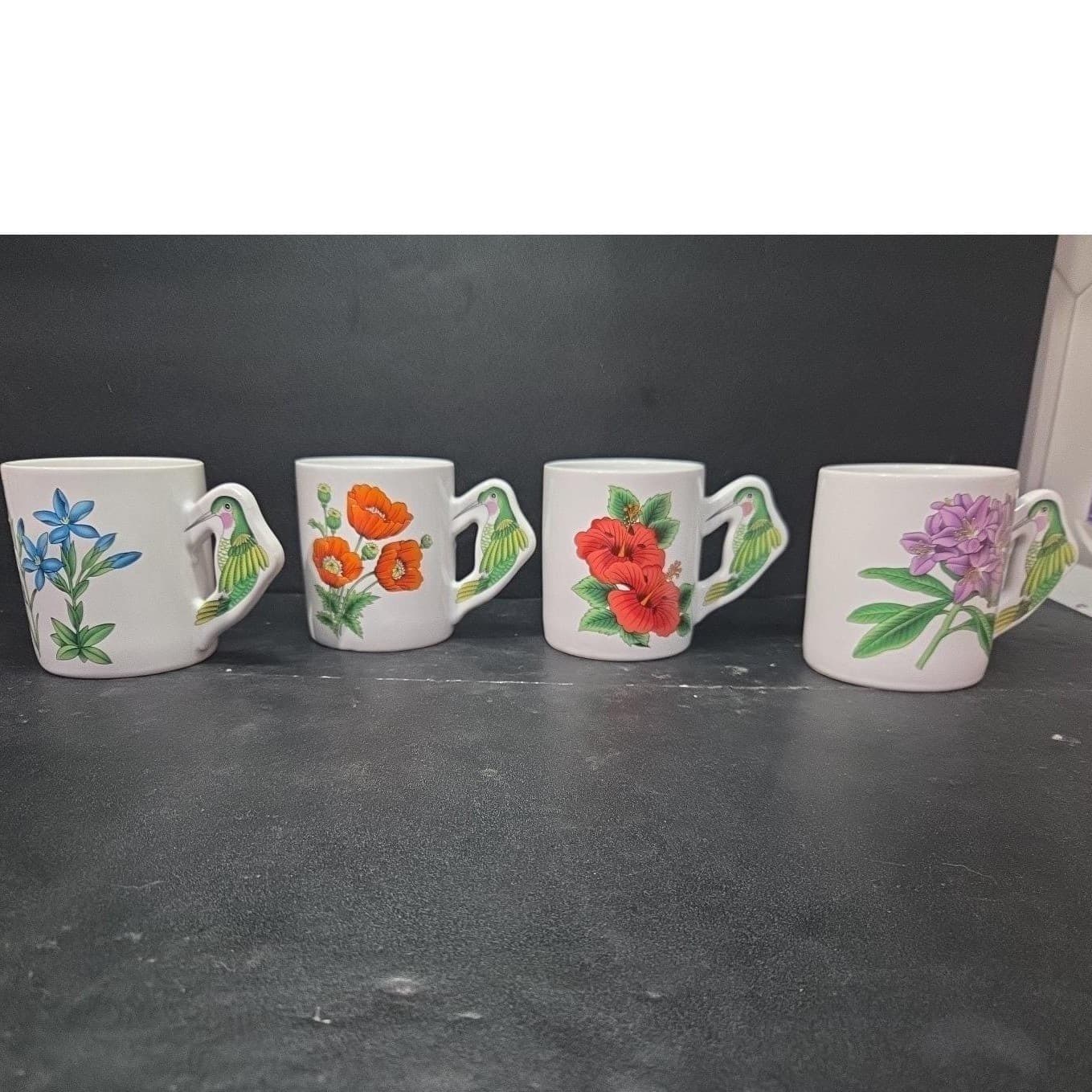 Porcelain Floral Coffee Cups With Hummingbird Handle, Set Of 4 Vintage Drinkware - Thumbnail 3