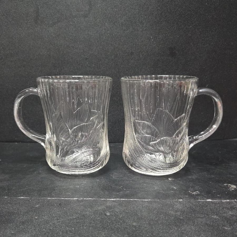 Arcoroc Canterbury Crocus Coffee Cups, Set of 2, Vtg Clear Embossed Glass Mugs - Thumbnail 2