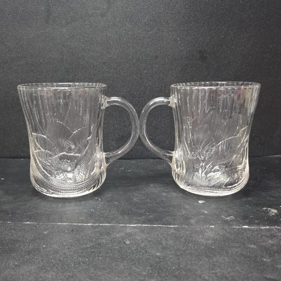 Arcoroc Canterbury Crocus Coffee Cups, Set of 2, Vtg Clear Embossed Glass Mugs - Thumbnail 4