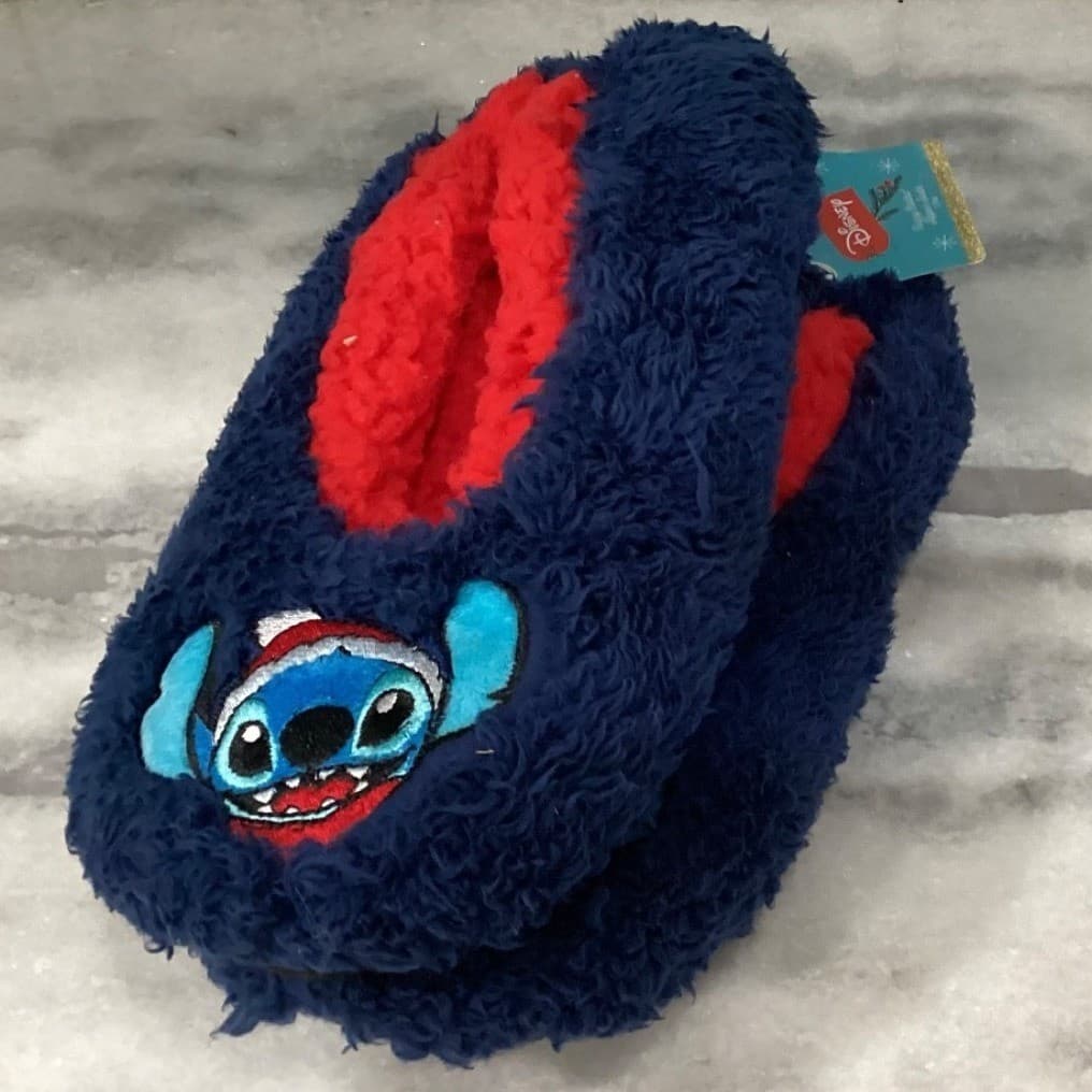 Disney Stitch Fuzzy Babba Slipper Socks, Navy Blue Red Holiday Santa Hat NEW - Thumbnail 7