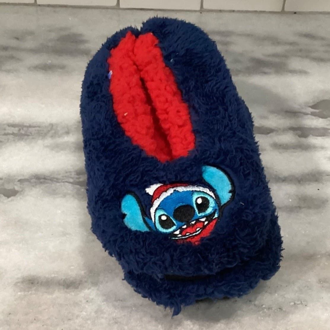 Disney Stitch Fuzzy Babba Slipper Socks, Navy Blue Red Holiday Santa Hat NEW - Thumbnail 2