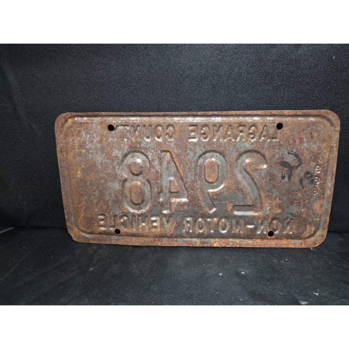LaGrange County Indiana Non-Motor Vehicle License Plate 2948, 1986, Vintage Rust - Thumbnail 2