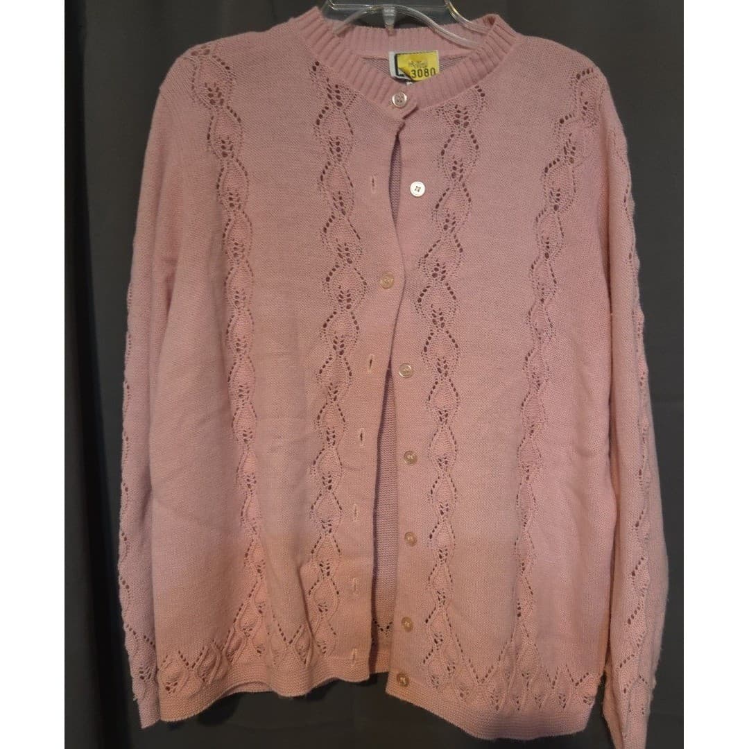 Too! Pink Pointelle Knit Cardigan Sweater, Woman's Large, Vintage Made in USA - Thumbnail 3