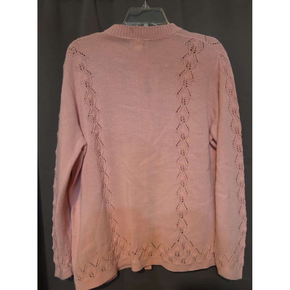Too! Pink Pointelle Knit Cardigan Sweater, Woman's Large, Vintage Made in USA - Thumbnail 4