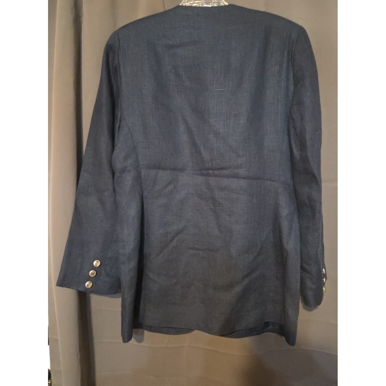 NY Sake Navy Blue Collarless Blazer, Woman's Size 6, Single Button, 100% Linen - Thumbnail 4