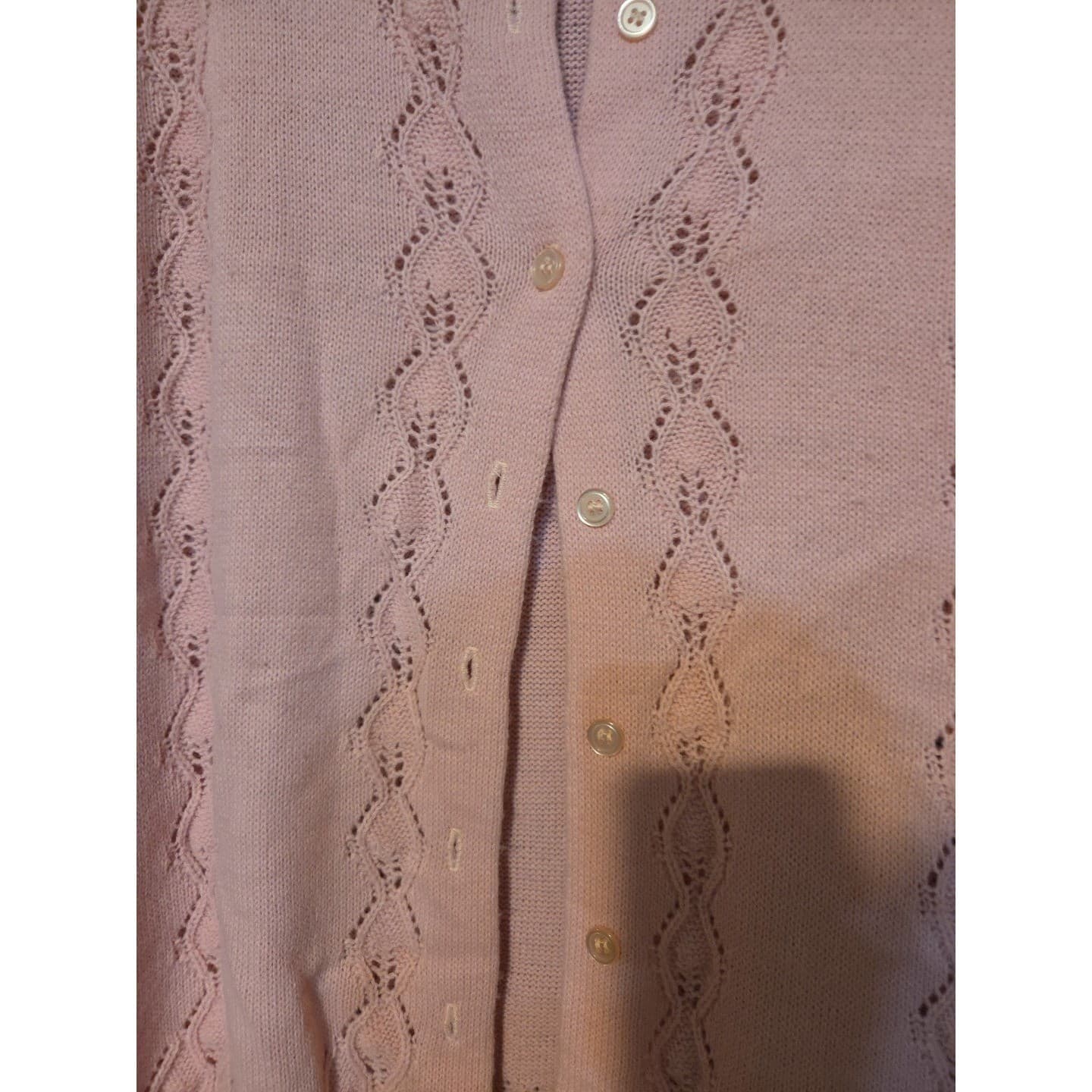 Too! Pink Pointelle Knit Cardigan Sweater, Woman's Large, Vintage Made in USA - Thumbnail 7