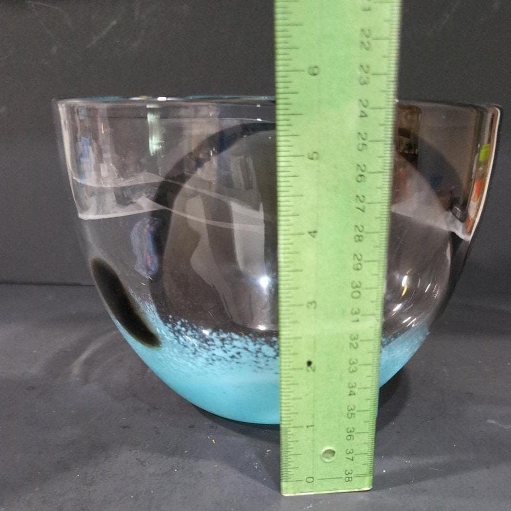 Hand-Blown Glass Bubble Bowl, Clear Auburn With Black & Blue Swirls, Centerpiece - Thumbnail 2