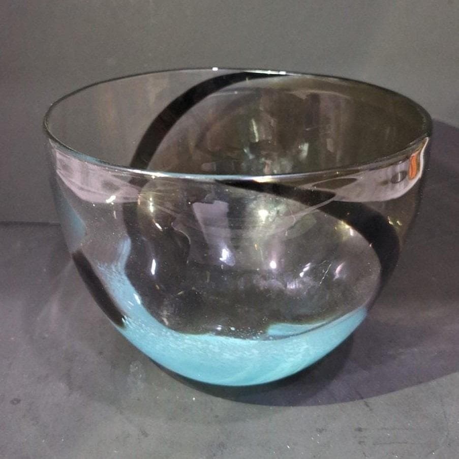 Hand-Blown Glass Bubble Bowl, Clear Auburn With Black & Blue Swirls, Centerpiece - Thumbnail 9