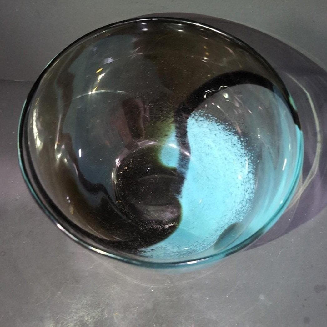 Hand-Blown Glass Bubble Bowl, Clear Auburn With Black & Blue Swirls, Centerpiece - Thumbnail 5