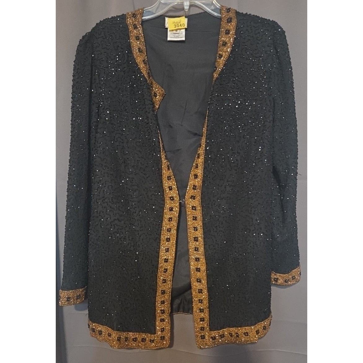 Stenay Vintage Black Silk Beaded Sequin Evening Jacket, Gold Trim, Woman's Small - Thumbnail 3