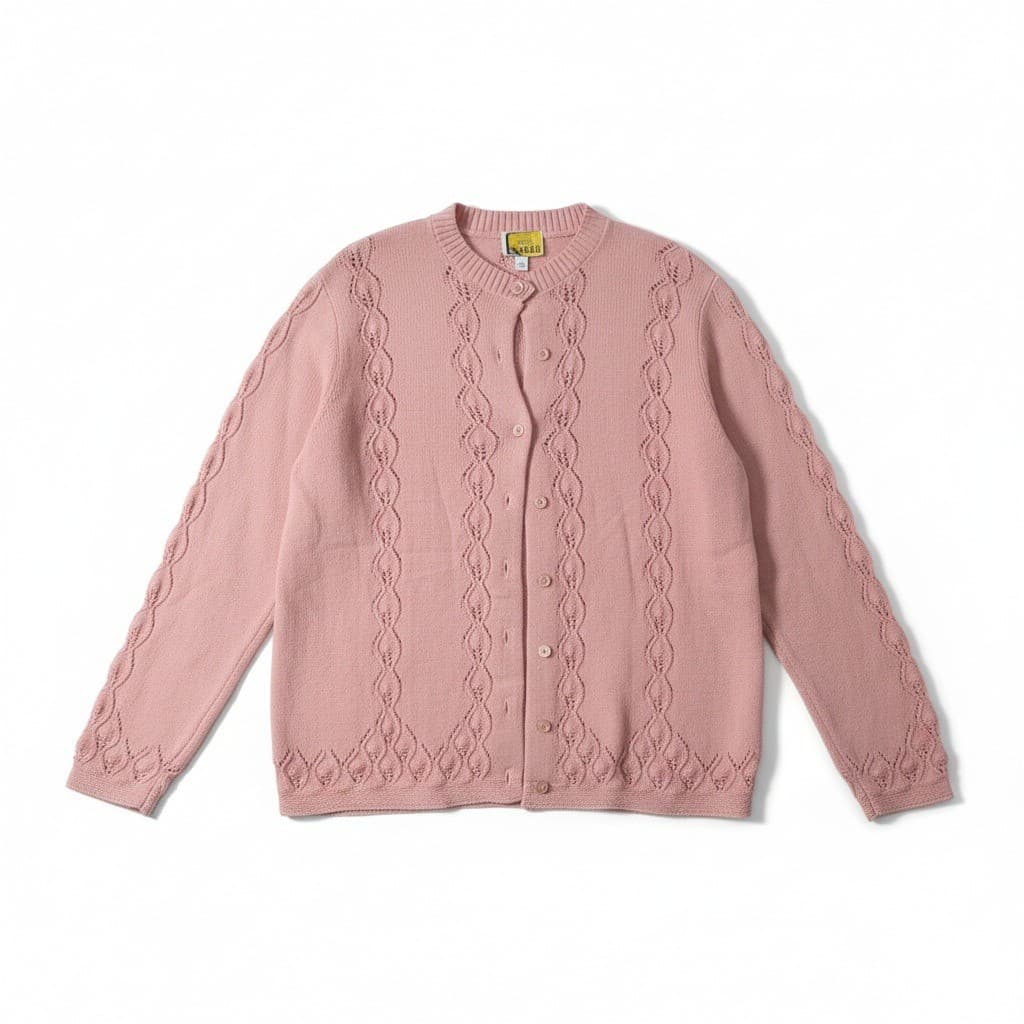 Too! Pink Pointelle Knit Cardigan Sweater, Woman's Large, Vintage Made in USA