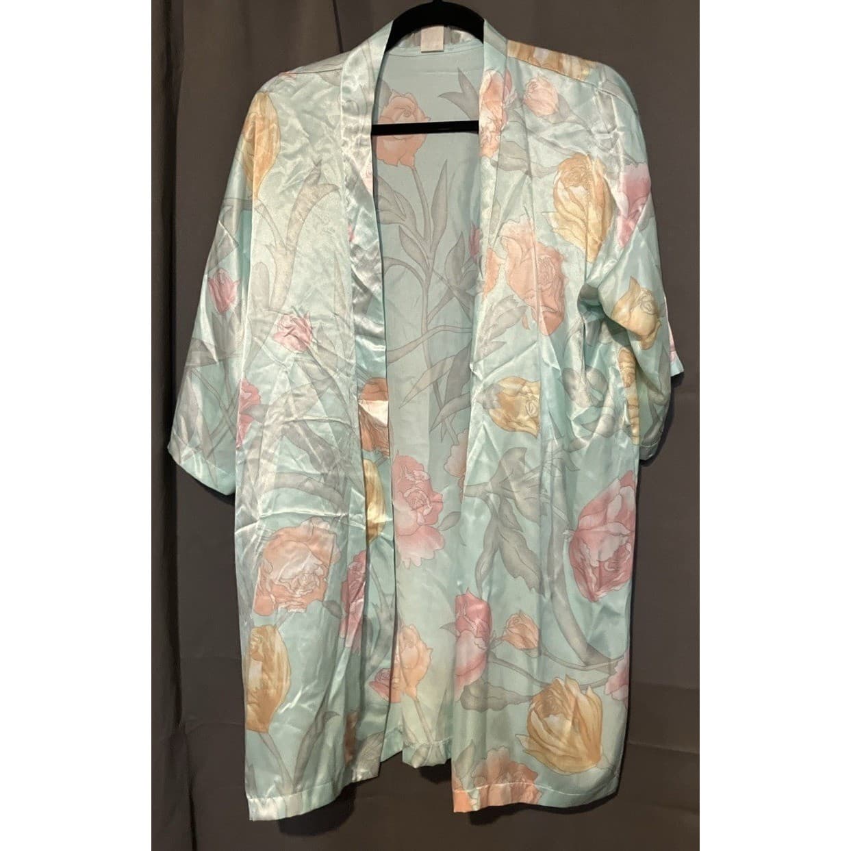 L.A. Intimates Vintage Floral Satin Robe Kimono Pastel Seafoam Green Small 4797 - Thumbnail 3