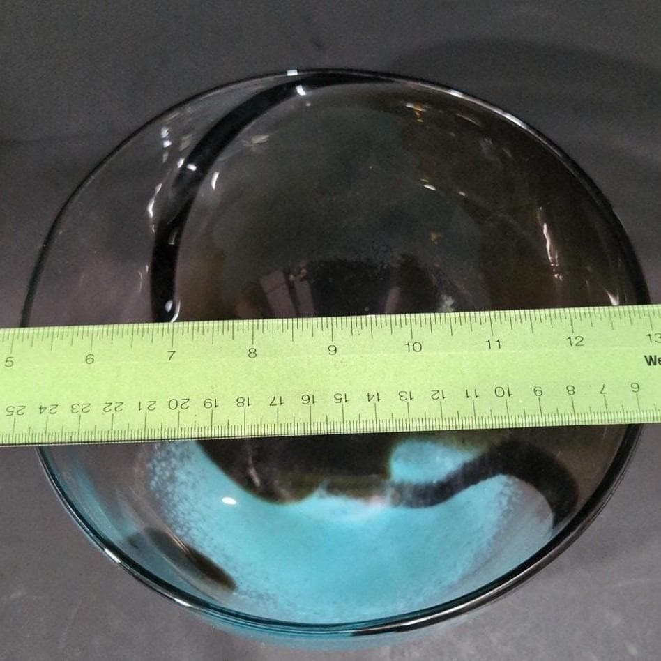 Hand-Blown Glass Bubble Bowl, Clear Auburn With Black & Blue Swirls, Centerpiece - Thumbnail 3