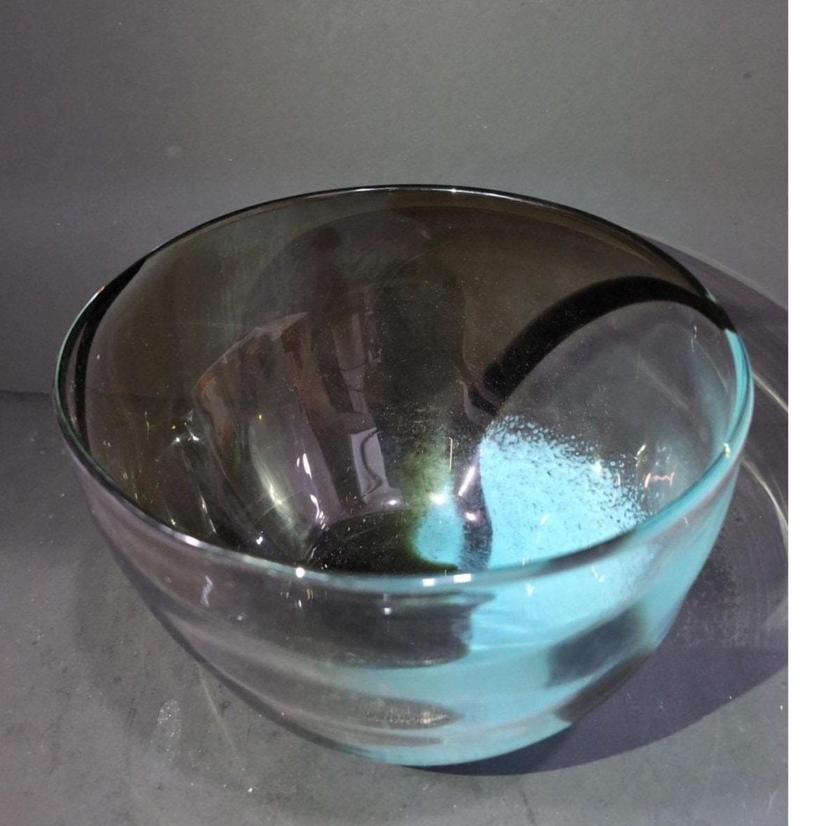 Hand-Blown Glass Bubble Bowl, Clear Auburn With Black & Blue Swirls, Centerpiece - Thumbnail 6