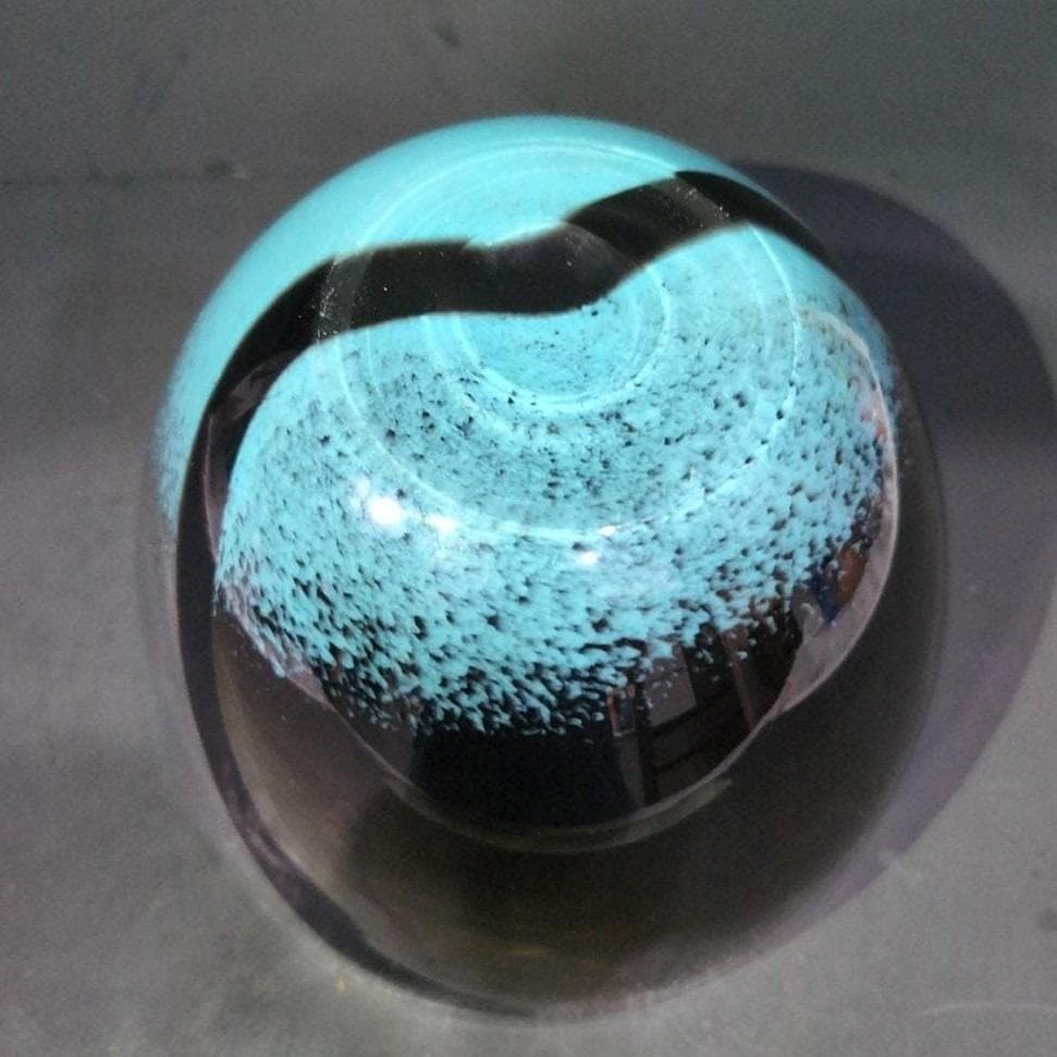 Hand-Blown Glass Bubble Bowl, Clear Auburn With Black & Blue Swirls, Centerpiece - Thumbnail 4