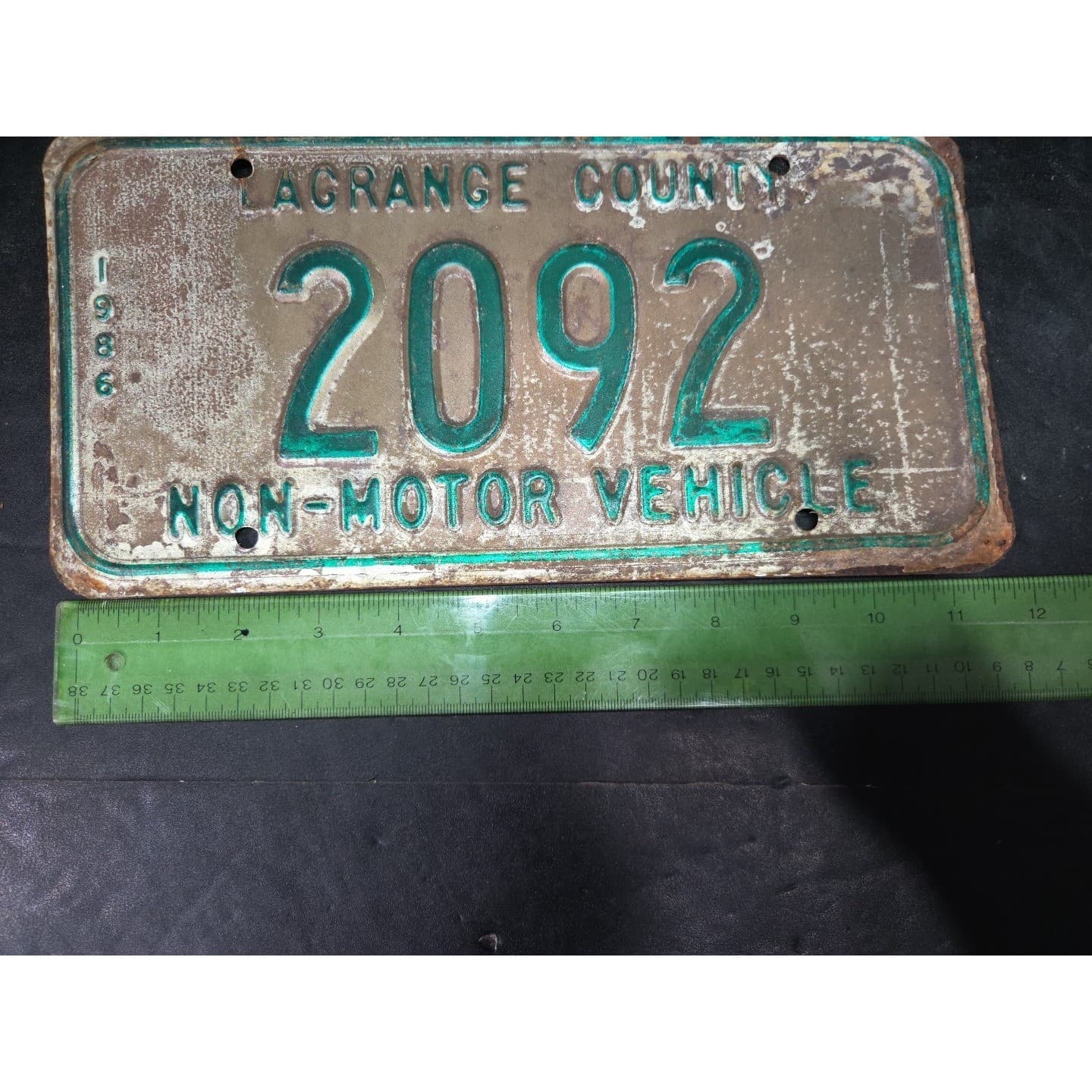 Lagrange County Indiana Non-Motor Vehicle License Plate 2092, Vintage Rust 1986 - Thumbnail 4