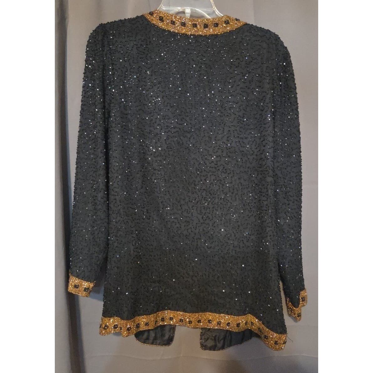 Stenay Vintage Black Silk Beaded Sequin Evening Jacket, Gold Trim, Woman's Small - Thumbnail 4