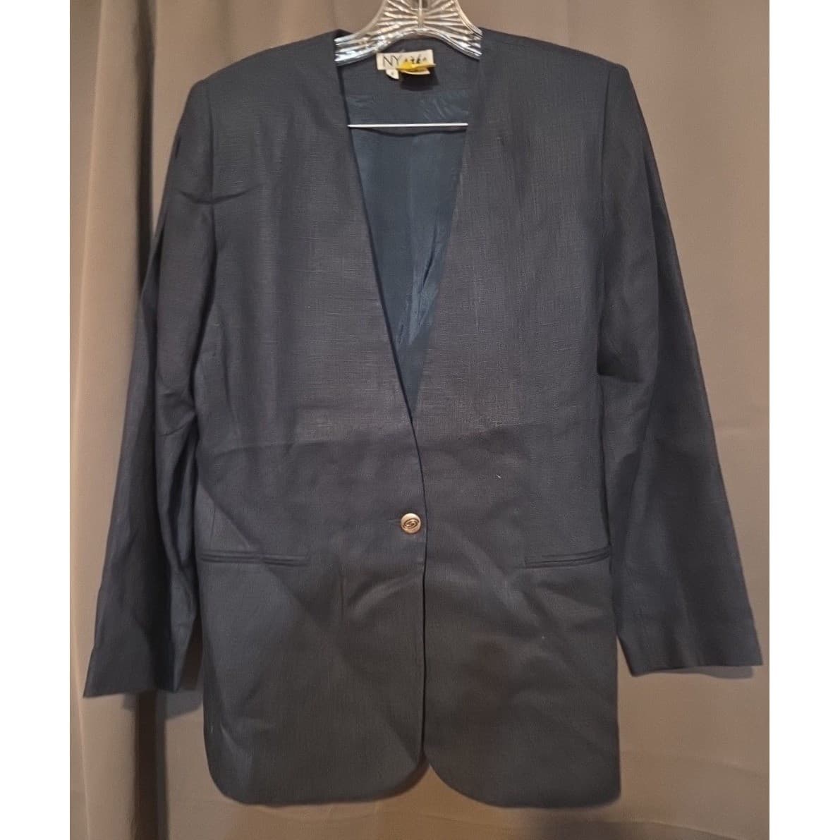 NY Sake Navy Blue Collarless Blazer, Woman's Size 6, Single Button, 100% Linen - Thumbnail 3
