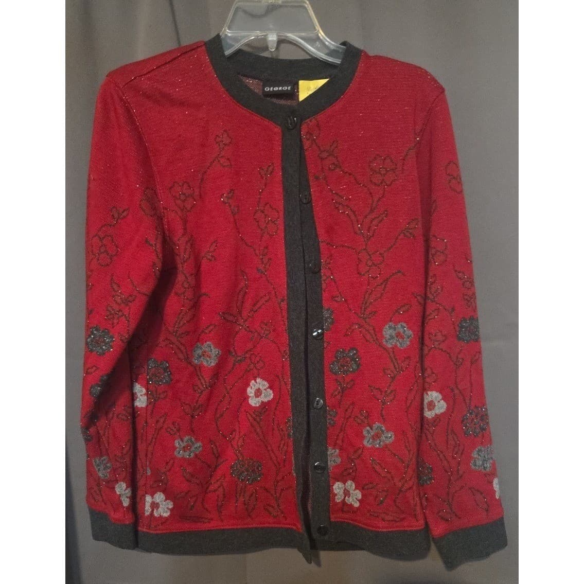 George Red Floral Metallic Knit Button Front Cardigan, Woman's Small Sweater - Thumbnail 3
