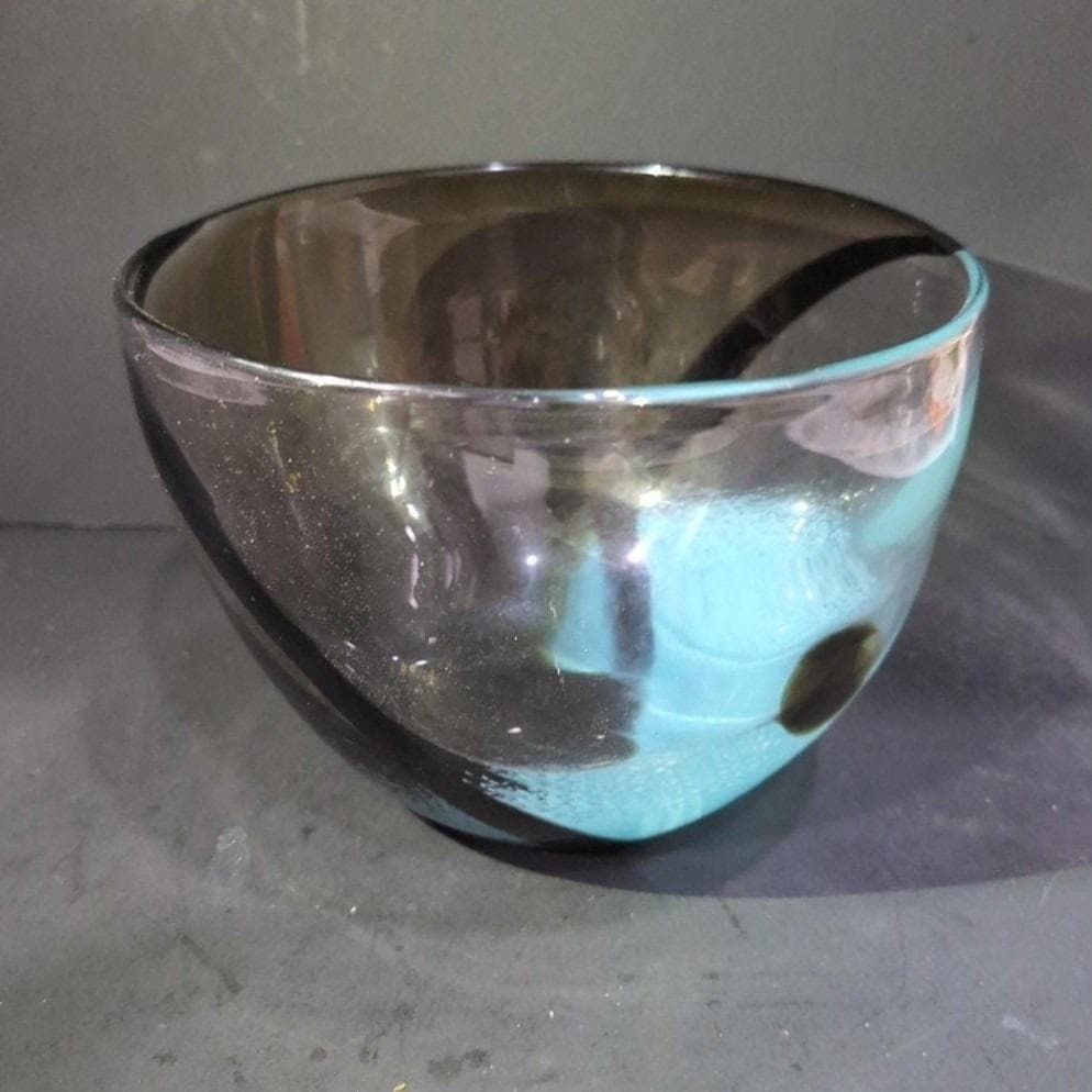 Hand-Blown Glass Bubble Bowl, Clear Auburn With Black & Blue Swirls, Centerpiece - Thumbnail 10