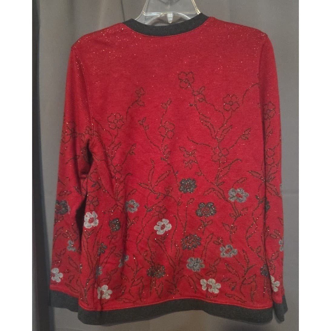 George Red Floral Metallic Knit Button Front Cardigan, Woman's Small Sweater - Thumbnail 4
