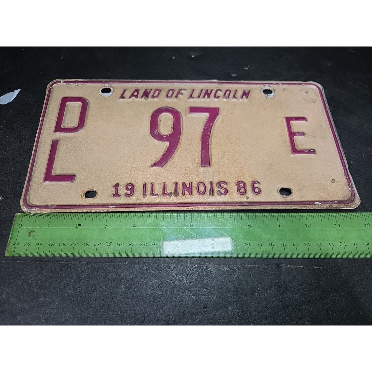 Illinois License Plate DL 97 E, Land of Lincoln, Maroon Cream Metal Vintage 1986 - Thumbnail 4