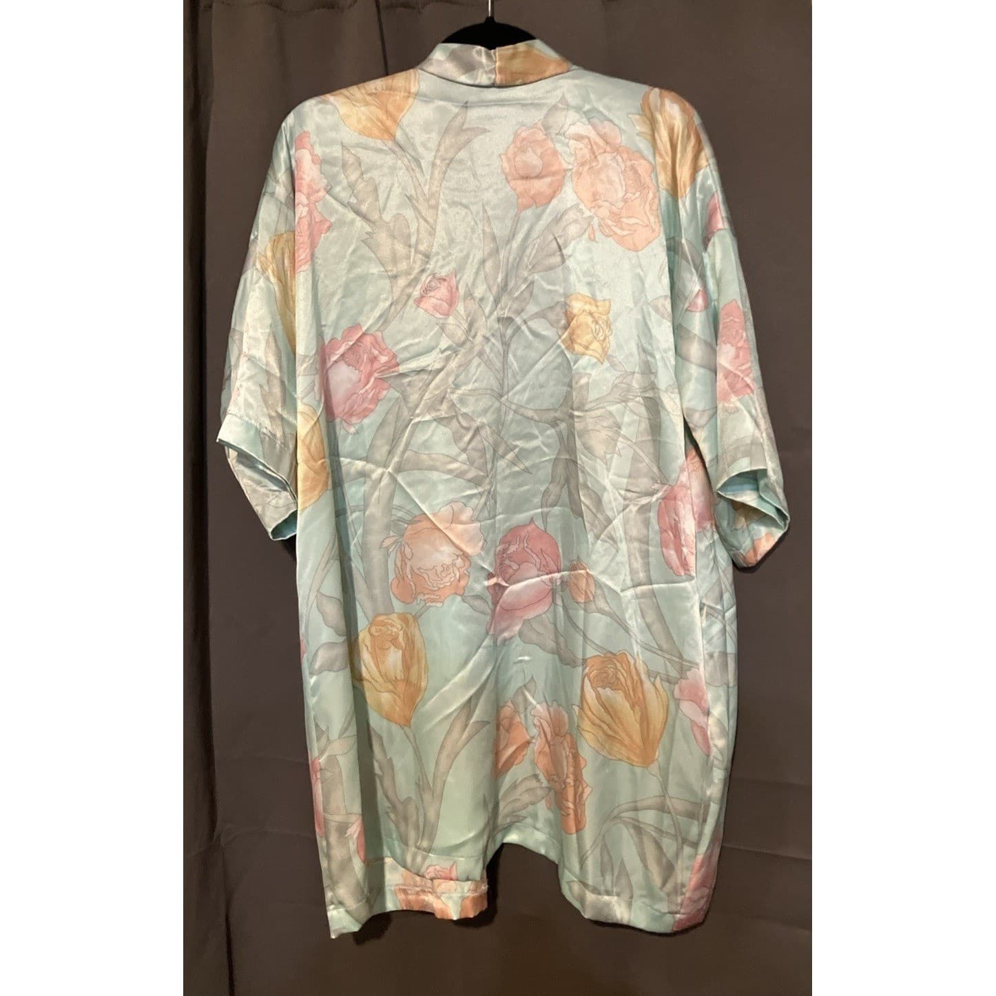 L.A. Intimates Vintage Floral Satin Robe Kimono Pastel Seafoam Green Small 4797 - Thumbnail 4