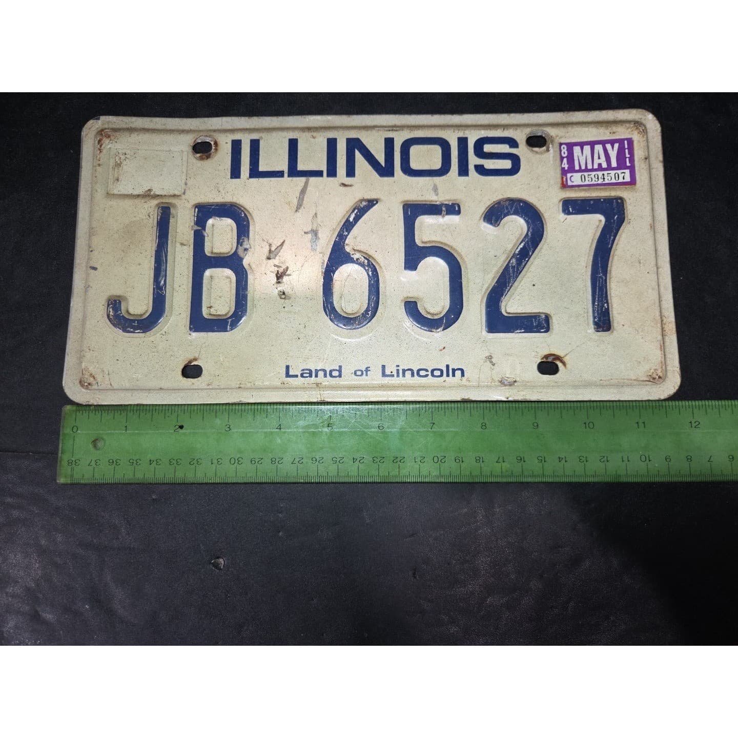 Illinois License Plate JB 6527, Land of Lincoln, Blue White, Vintage 1984 - Thumbnail 4