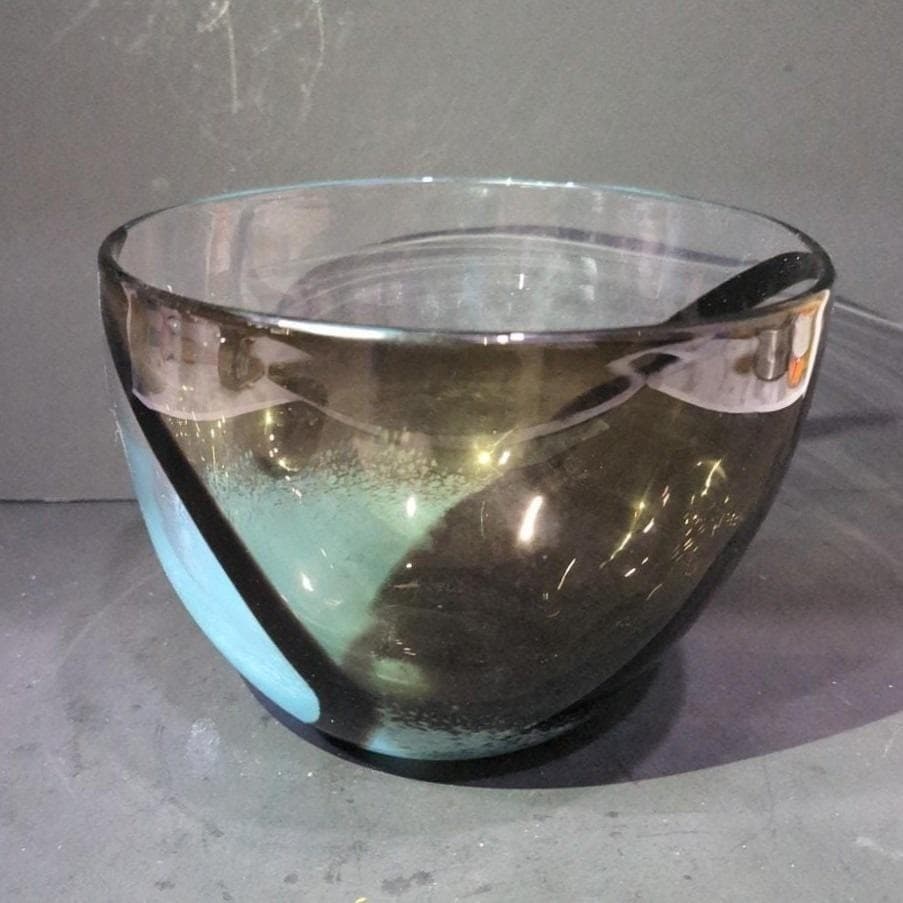 Hand-Blown Glass Bubble Bowl, Clear Auburn With Black & Blue Swirls, Centerpiece - Thumbnail 8