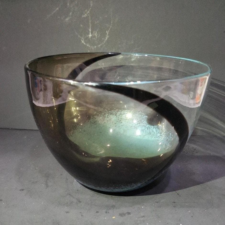 Hand-Blown Glass Bubble Bowl, Clear Auburn With Black & Blue Swirls, Centerpiece - Thumbnail 7