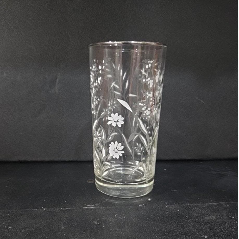 Libbey Etched White Wild Flowers Glass Tumbler, Silver Rim Barware, Glassware - Thumbnail 10