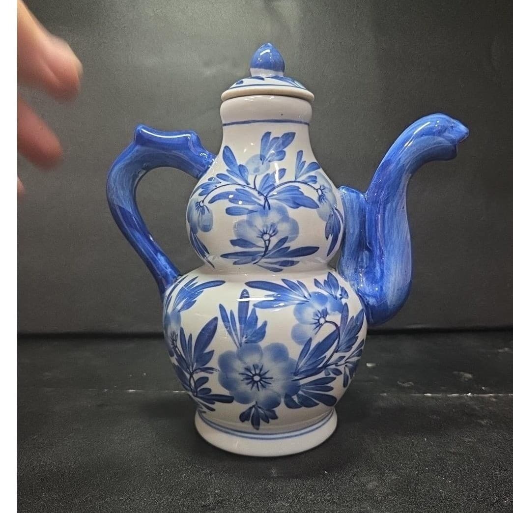 Cobalt Blue & White Floral Tea/Coffee Pot, Porcelain Double Gourd Shaped Carafe - Thumbnail 4