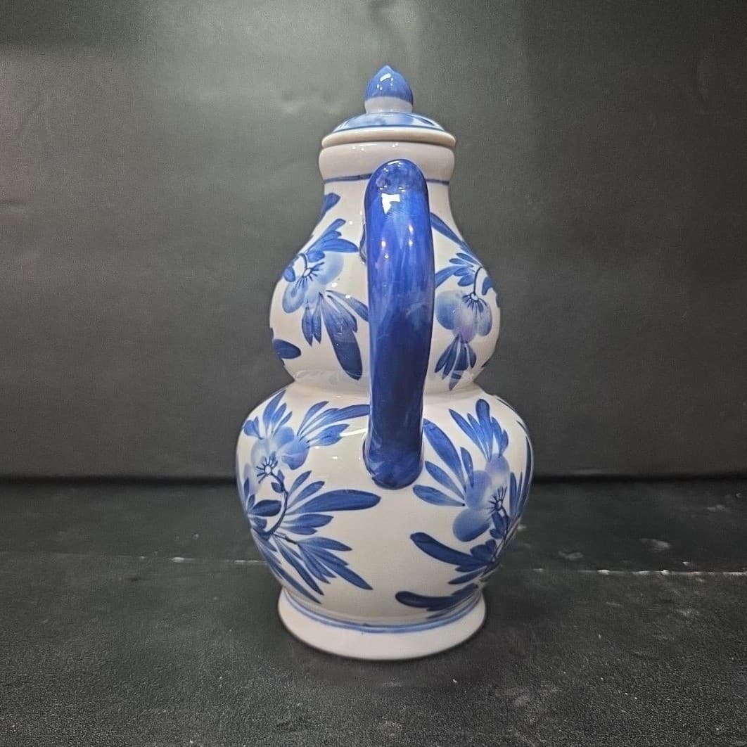 Cobalt Blue & White Floral Tea/Coffee Pot, Porcelain Double Gourd Shaped Carafe - Thumbnail 5