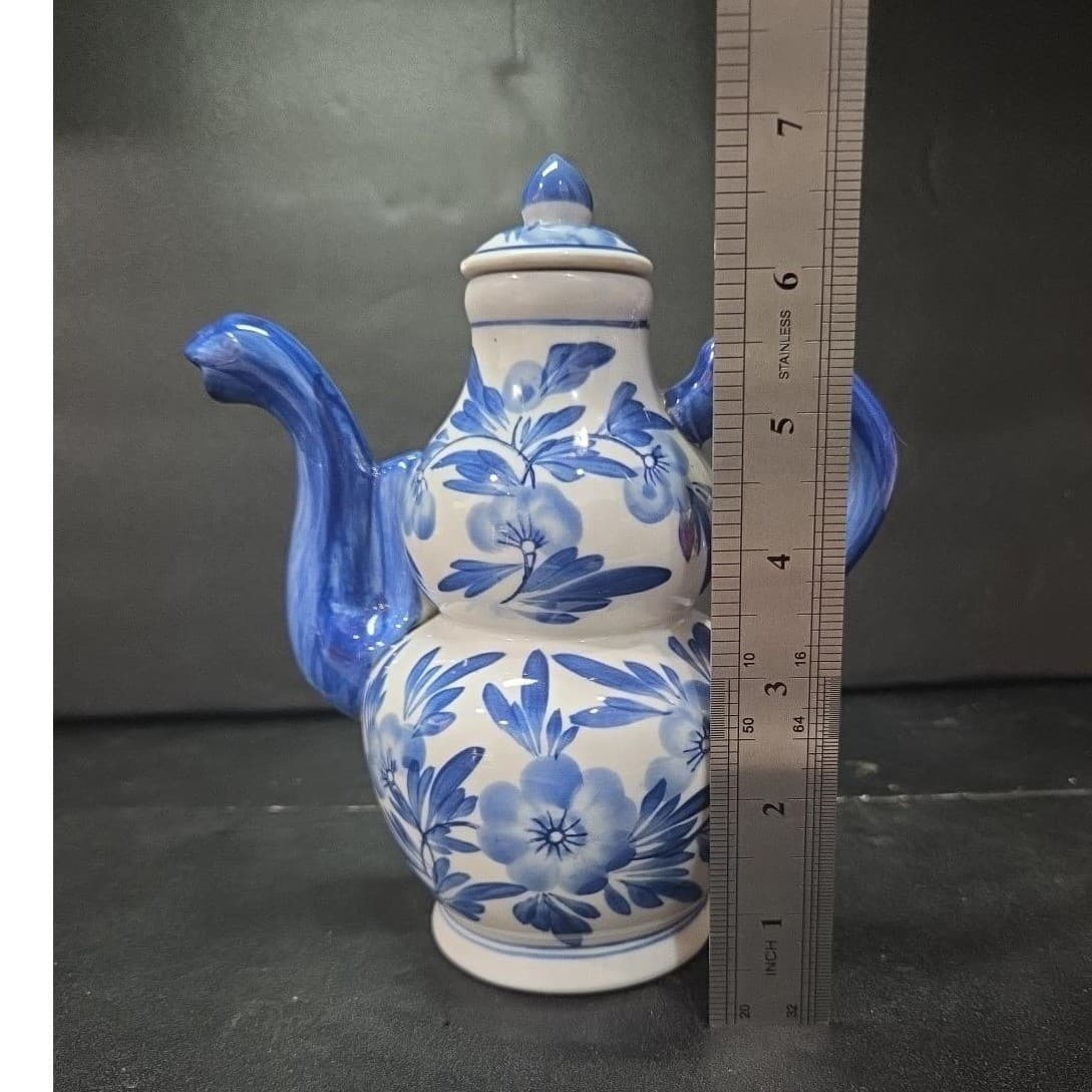 Cobalt Blue & White Floral Tea/Coffee Pot, Porcelain Double Gourd Shaped Carafe - Thumbnail 9