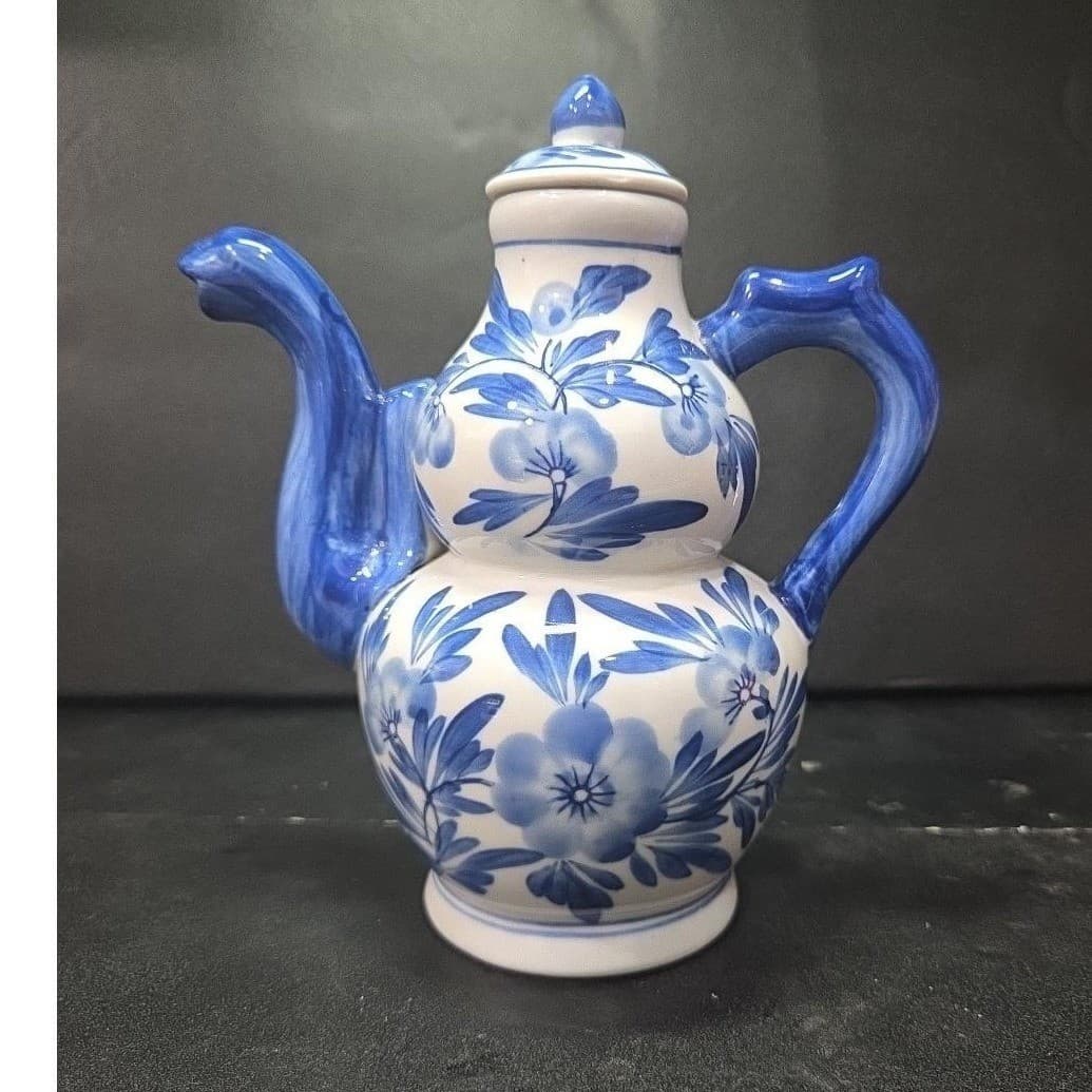 Cobalt Blue & White Floral Tea/Coffee Pot, Porcelain Double Gourd Shaped Carafe - Thumbnail 2