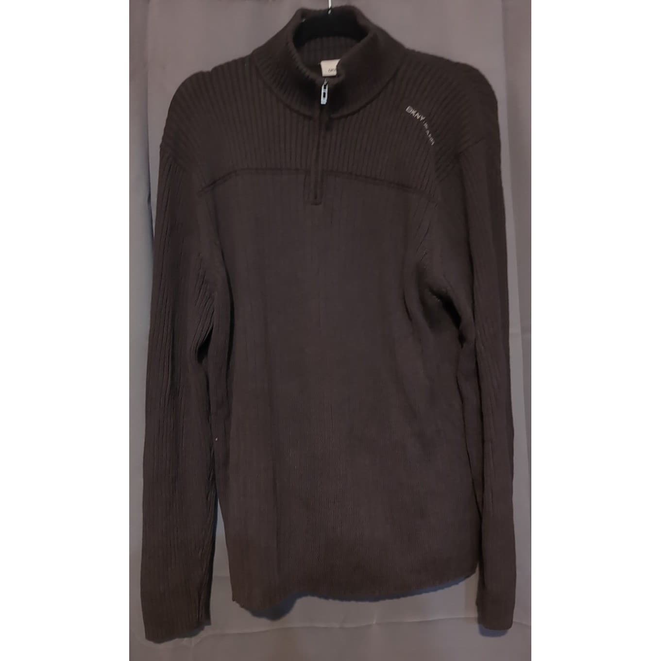 DKNY Jeans Brown Ribbed Quarter Zip Sweater, Mock Neck, Men's Large Pullover - Thumbnail 3