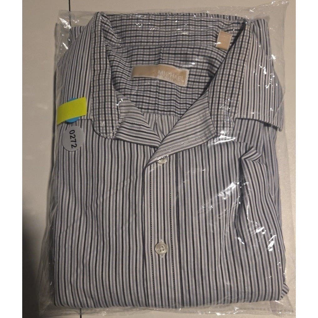 Michael Kors Blue White Striped Long Sleeve Button Down, Men's 16 34/35 Shirt - Thumbnail 10