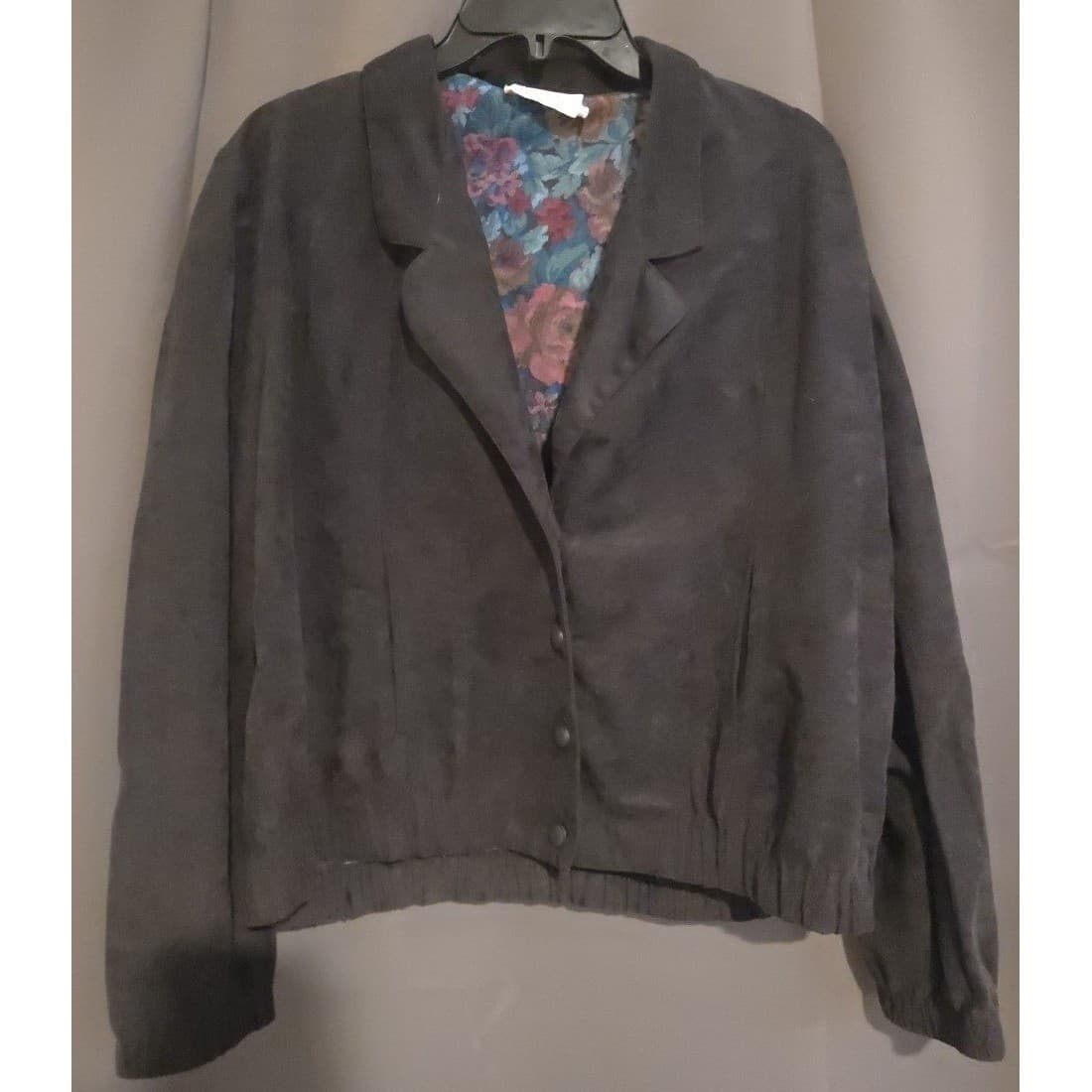 Jessica Scott Black Faux Suede Bomber Jacket, Floral Lining, Women's Small, Vtg - Thumbnail 3