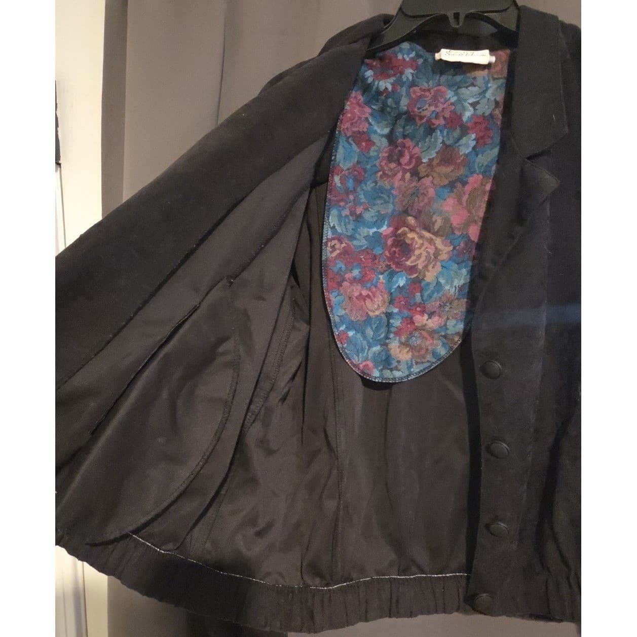 Jessica Scott Black Faux Suede Bomber Jacket, Floral Lining, Women's Small, Vtg - Thumbnail 7