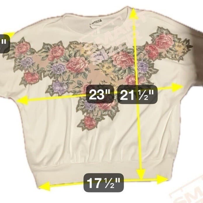 Teddi Sport Vintage Floral Graphic Sweatshirt, White Short Sleeve Banded Hem - Thumbnail 2