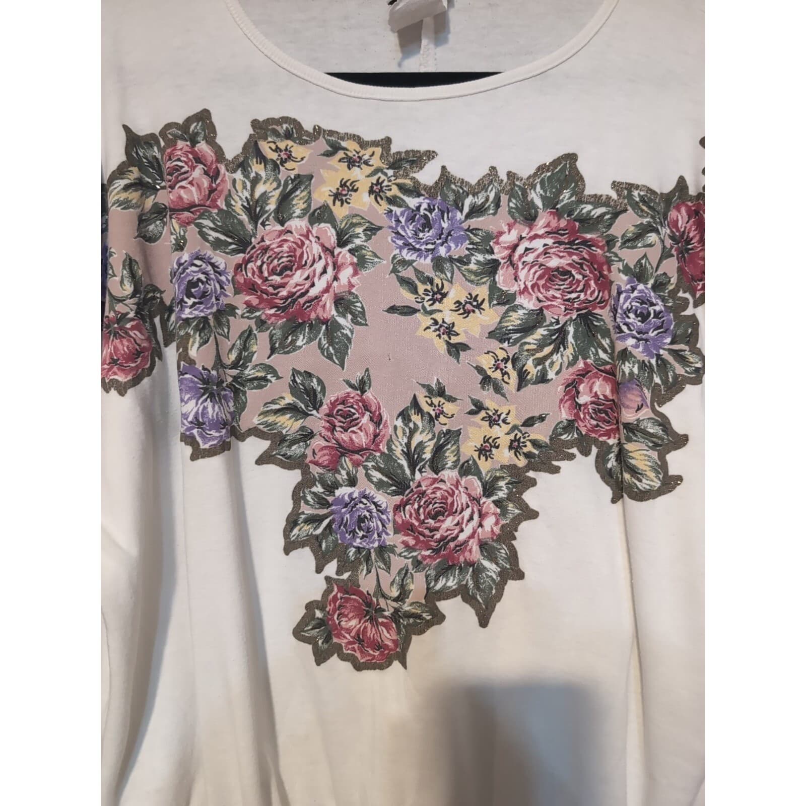 Teddi Sport Vintage Floral Graphic Sweatshirt, White Short Sleeve Banded Hem - Thumbnail 6